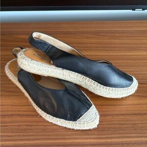 Kanna Black Leather Espadrille Slingback Flats Sz 37 US 7